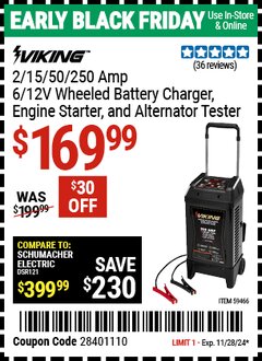 Harbor Freight Coupon VIKING 250 AMP, 6/12V WHEELED BATTERY CHARGER, ENGINE STARTER, AND ALTERNATOR TESTER Lot No. 59466 Expired: 11/28/24 - $169.99