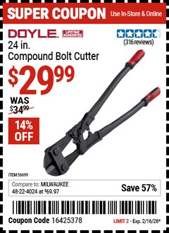 Harbor Freight Coupon DOYLE 24 IN. COMPOUND BOLT CUTTER Lot No. 56699 Valid Thru: 2/16/26 - $29.99