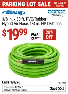 Harbor Freight Coupon MERLIN 3/8 IN. X 50 FT. PVC/RUBBER HYBRID AIR HOSE, 1/4 IN. NPT FITTINGS Lot No. 58534 Expired: 3/8/26 - $19.99
