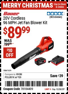 Harbor Freight Coupon BAUER 20V CORDLESS, 96 MPH JET FAN BLOWER KIT Lot No. 71379 Expired: 12/28/25 - $89.99