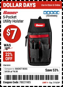 Harbor Freight Coupon BAUER 5-POCKET UTILITY HOLSTER Lot No. 58539 EXPIRES: 7/15/26 - $7