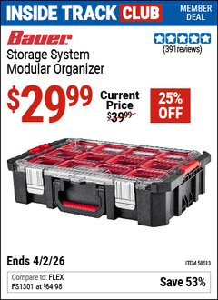 Harbor Freight Coupon BAUER STORAGE SYSTEM MODULAR ORGANIZER Lot No. 58513 Valid: 12/31/69 - 4/2/26 - $29.99