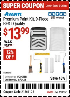 Harbor Freight Coupon AVANTI PREMIUM PAINT KIT, 9-PIECE, BEST QUALITY Lot No. 59781 EXPIRES: 4/13/26 - $13.99
