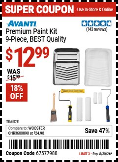 Harbor Freight Coupon AVANTI PREMIUM PAINT KIT, 9-PIECE, BEST QUALITY Lot No. 59781 EXPIRES: 8/30/26 - $12.99