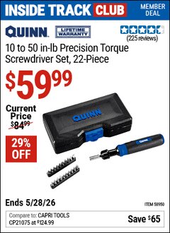 Harbor Freight ITC Coupon QUINN 10 TO 50 IN-LB PRECISION TORQUE SCREWDRIVER SET, 22-PIECE Lot No. 58950 Expired: 5/28/26 - $59.99