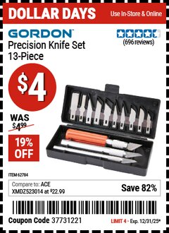 Harbor Freight Coupon GORDON PRECISION KNIFE SET, 13-PIECE Lot No. 62784 Expired: 12/31/25 - $4