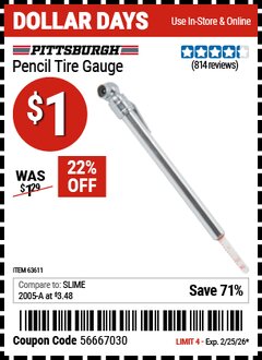 Harbor Freight Coupon PITTSBURGH PENCIL TIRE GAUGE Lot No. 63611 Expired: 2/25/26 - $1