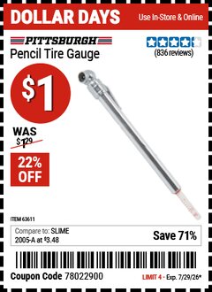 Harbor Freight Coupon PITTSBURGH PENCIL TIRE GAUGE Lot No. 63611 Valid Thru: 7/29/26 - $1