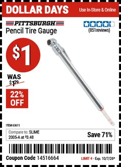 Harbor Freight Coupon PITTSBURGH PENCIL TIRE GAUGE Lot No. 63611 Expired: 10/7/26 - $1