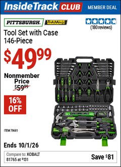 Harbor Freight Coupon PITTSBURGH TOOL SET WITH CASE, 146-PIECE Lot No. 70681 Valid: 12/31/69 - 10/1/26 - $49.99