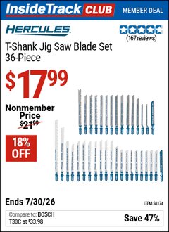 Harbor Freight ITC Coupon HERCULES T-SHANK JIG SAW BLADE SET, 36-PIECE Lot No. 58174 Dates Valid: 12/31/69 - 7/30/26 - $17.99