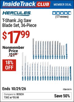 Harbor Freight ITC Coupon HERCULES T-SHANK JIG SAW BLADE SET, 36-PIECE Lot No. 58174 Dates Valid: 12/31/69 - 10/29/26 - $17.99