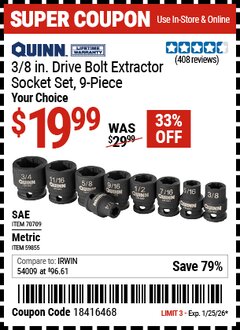 Harbor Freight Coupon QUINN 3/8 IN. DRIVE METRIC BOLT EXTRACTOR SOCKET SET, 9-PIECE Lot No. 59855/70709 Expired: 1/25/26 - $19.99