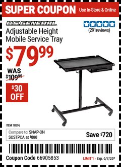 Harbor Freight Coupon U.S. GENERAL ADJUSTABLE HEIGHT MOBILE SERVICE TRAY, BLACK Lot No. 70296 EXPIRES: 6/7/26 - $79.99