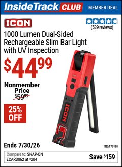 Harbor Freight ITC Coupon ICON 1000 LUMEN DUAL-SIDED RECHARGEABLE SLIM BAR LIGHT WITH UV INSPECTION Lot No. 70198 Dates Valid: 12/31/69 - 7/30/26 - $44.99