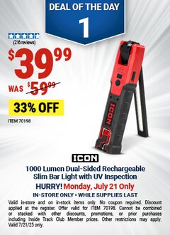 Harbor Freight Coupon ICON 1000 LUMEN DUAL-SIDED RECHARGEABLE SLIM BAR LIGHT WITH UV INSPECTION Lot No. 70198 Expired: 7/21/25 - $39.99