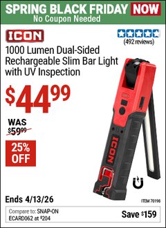 Harbor Freight Coupon ICON 1000 LUMEN DUAL-SIDED RECHARGEABLE SLIM BAR LIGHT WITH UV INSPECTION Lot No. 70198 Expired: 4/12/26 - $44.99