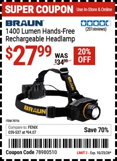 Harbor Freight Coupon BRAUN 1400 LUMEN HANDS-FREE RECHARGEABLE HEADLAMP Lot No. 70756 EXPIRES: 10/25/26 - $27.99