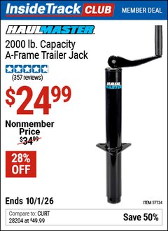 Harbor Freight Coupon HAUL-MASTER 2000 LB. CAPACITY A-FRAME TRAILER JACK Lot No. 57734 Valid: 12/31/69 - 10/1/26 - $24.99