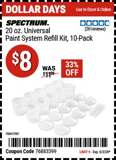 Harbor Freight Coupon SPECTRUM 20 OZ. UNIVERSAL PAINT SYSTEM REFILL KIT, 10-PACK Lot No. 57507 EXPIRES: 6/3/26 - $8