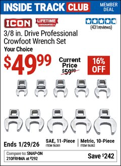 Harbor Freight ITC Coupon ICON 3/8 IN. DRIVE PROFESSIONAL CROWFOOT WRENCH SET, 11-PIECE Lot No. 56381/56382 Dates Valid: 12/31/69 - 1/29/26 - $49.99
