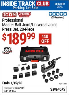 Harbor Freight ITC Coupon ICON PROFESSIONAL MASTER BALL JOINT/UNIVERSAL JOINT PRESS SET, 20-PIECE Lot No. 57996 Dates Valid: 12/31/69 - 1/15/26 - $189.99