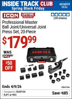 Harbor Freight ITC Coupon ICON PROFESSIONAL MASTER BALL JOINT/UNIVERSAL JOINT PRESS SET, 20-PIECE Lot No. 57996 Expired: 4/9/26 - $179.99