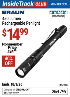Harbor Freight Coupon BRAUN 450 LUMEN RECHARGEABLE PENLIGHT Lot No. 70806 Valid: 12/31/69 - 10/1/26 - $14.99