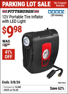 Harbor Freight Coupon PITTSBURGH 12V PORTABLE TIRE INFLATOR WITH LED LIGHT Lot No. 70622 Expired: 3/8/26 - $9.98