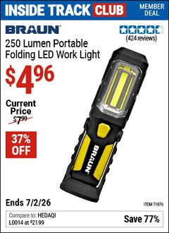 Harbor Freight ITC Coupon BRAUN 250 LUMEN PORTABLE FOLDING LED WORK LIGHT Lot No. 71076 Valid Thru: 7/2/26 - $4.96