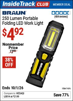 Harbor Freight Coupon BRAUN 250 LUMEN PORTABLE FOLDING LED WORK LIGHT Lot No. 71076 Valid: 12/31/69 - 10/1/26 - $4.92