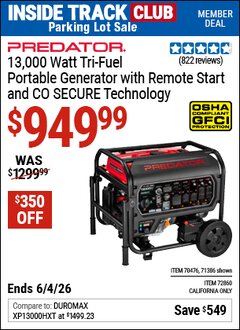 Harbor Freight ITC Coupon PREDATOR 13,000 WATT TRI-FUEL PORTABLE GENERATOR WITH REMOTE START AND CO SECURE TECHNOLOGY Lot No. 71386/70476/72860 Expired: 6/4/26 - $949.99