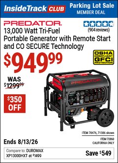 Harbor Freight ITC Coupon PREDATOR 13,000 WATT TRI-FUEL PORTABLE GENERATOR WITH REMOTE START AND CO SECURE TECHNOLOGY Lot No. 71386/70476/72860 Expired: 8/13/26 - $949.99