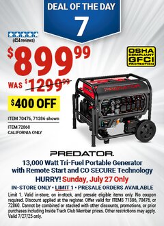 Harbor Freight Coupon PREDATOR 13,000 WATT TRI-FUEL PORTABLE GENERATOR WITH REMOTE START AND CO SECURE TECHNOLOGY Lot No. 71386/70476/72860 Expired: 7/27/25 - $899.99