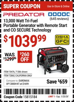 Harbor Freight Coupon PREDATOR 13,000 WATT TRI-FUEL PORTABLE GENERATOR WITH REMOTE START AND CO SECURE TECHNOLOGY Lot No. 71386/70476/72860 Valid Thru: 1/26/26 - $1039.99