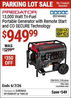 Harbor Freight Coupon PREDATOR 13,000 WATT TRI-FUEL PORTABLE GENERATOR WITH REMOTE START AND CO SECURE TECHNOLOGY Lot No. 71386/70476/72860 Valid Thru: 6/7/26 - $949.99