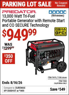 Harbor Freight Coupon PREDATOR 13,000 WATT TRI-FUEL PORTABLE GENERATOR WITH REMOTE START AND CO SECURE TECHNOLOGY Lot No. 71386/70476/72860 Expired: 8/16/26 - $949.99