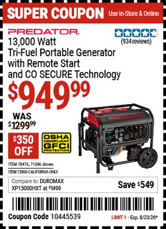 Harbor Freight Coupon PREDATOR 13,000 WATT TRI-FUEL PORTABLE GENERATOR WITH REMOTE START AND CO SECURE TECHNOLOGY Lot No. 71386/70476/72860 Expired: 8/23/26 - $949.99