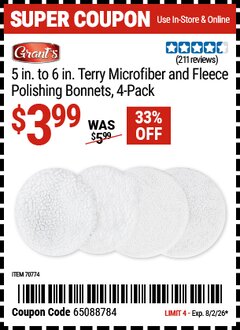 Harbor Freight Coupon GRANT'S 5 IN. TO 6 IN. TERRY MICROFIBER AND FLEECE POLISHING BONNETS, 4-PACK Lot No. 70774 Valid Thru: 8/2/26 - $3.99
