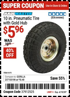 Harbor Freight Coupon HAUL-MASTER 10 IN. PNEUMATIC TIRE WITH GOLD HUB Lot No. 41475 Expired: 4/19/26 - $5.96