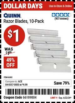 Harbor Freight Coupon QUINN RAZOR BLADES, 10-PACK Lot No. 66382 Valid Thru: 4/22/26 - $1