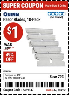 Harbor Freight Coupon QUINN RAZOR BLADES, 10-PACK Lot No. 66382 Valid Thru: 11/4/26 - $1