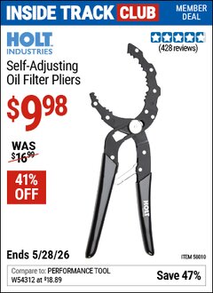 Harbor Freight ITC Coupon HOLT INDUSTRIES SELF-ADJUSTING OIL FILTER PLIERS Lot No. 58010 Valid Thru: 5/28/26 - $9.98