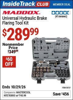 Harbor Freight ITC Coupon MADDOX UNIVERSAL HYDRAULIC BRAKE FLARING TOOL KIT Lot No. 58737 Dates Valid: 12/31/69 - 10/29/26 - $289.99