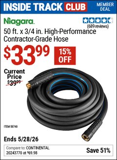 Harbor Freight ITC Coupon NIAGARA 50 FT. X 3/4 IN. HIGH-PERFORMANCE CONTRACTOR-GRADE HOSE Lot No. 58740 Valid Thru: 5/28/26 - $33.99