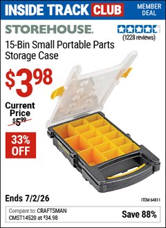 Harbor Freight Coupon STOREHOUSE 15-BIN SMALL PORTABLE PARTS STORAGE CASE Lot No. 64811 Valid: 12/31/69 - 7/2/26 - $3.98