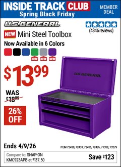Harbor Freight ITC Coupon U.S. GENERAL MINI STEEL TOOLBOX Lot No. 72438/72436/72431 Expired: 4/9/26 - $13.99