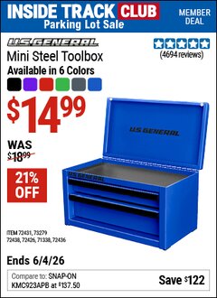 Harbor Freight ITC Coupon U.S. GENERAL MINI STEEL TOOLBOX Lot No. 72438/72436/72431 Expired: 6/4/26 - $14.99