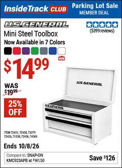 Harbor Freight ITC Coupon U.S. GENERAL MINI STEEL TOOLBOX Lot No. 72438/72436/72431 Expired: 10/8/26 - $14.99
