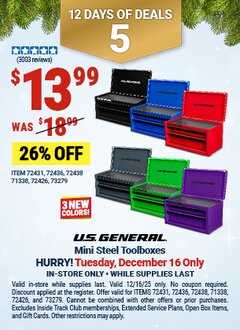 Harbor Freight Coupon U.S. GENERAL MINI STEEL TOOLBOX Lot No. 72438/72436/72431 Expired: 12/16/25 - $13.99
